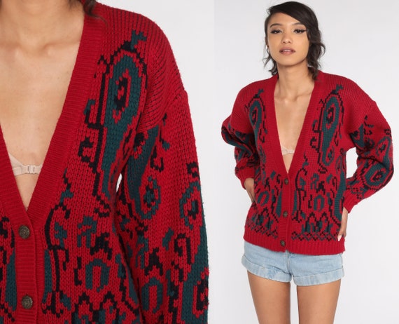 Paisley Cardigan Sweater 90s Red Geometric Boho Button Up Knit 80s Acrylic Sweater Vintage Retro Medium