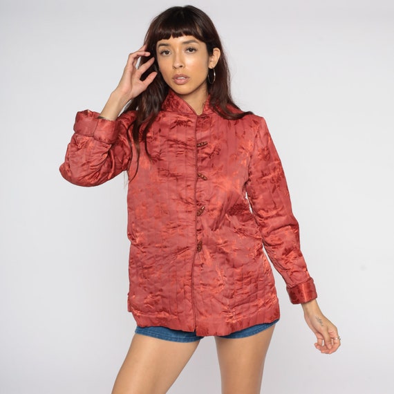Floral Quilted Jacket Red Boho Jacket 70s Jacket Toggle Button Jacket Bohemian 1970s Hippy Jacket Vintage Retro Small S