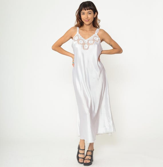 Vintage Dior Slip Dress 80s White Lace Trim Maxi Nightgown Sleeveless Flowing Silhouette Romantic Feminine Sleepwear Extra Large XL
