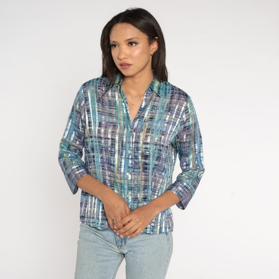 Metallic Striped Shirt Purple Blue Blouse Y2K Button Up Shirt Vintage Checkered Shirt Basic Preppy 3/4 Long Sleeve Blouse 00s Medium