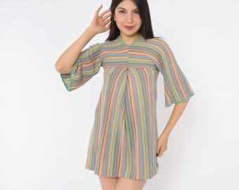 70s Rainbow Striped Knit Mini Mod Dress Pastel Stripe Bell Sleeve V Neck A Line Tunic Mint Green Pink Yellow Hippie Vintage Extra Small XS
