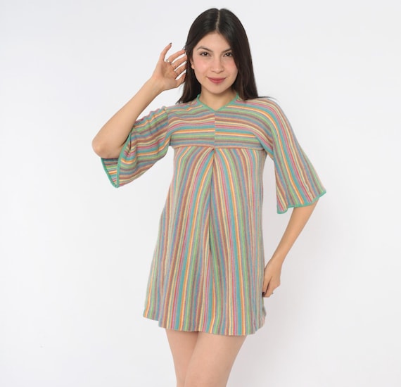70s Rainbow Striped Knit Mini Mod Dress Pastel Stripe Bell Sleeve V Neck A Line Tunic Mint Green Pink Yellow Hippie Vintage Extra Small XS