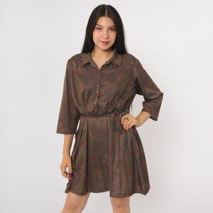 Vintage 70s Brown Floral Dress Mini Button Up Shirtdress 3/4 Sleeve Boho High Waisted Belted Seventies Day Dress 1970s Extra Large xl