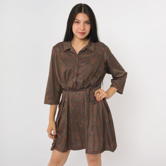 Vintage 70s Brown Floral Dress Mini Button Up Shirtdress 3/4 Sleeve Boho High Waisted Belted Seventies Day Dress 1970s Extra Large xl