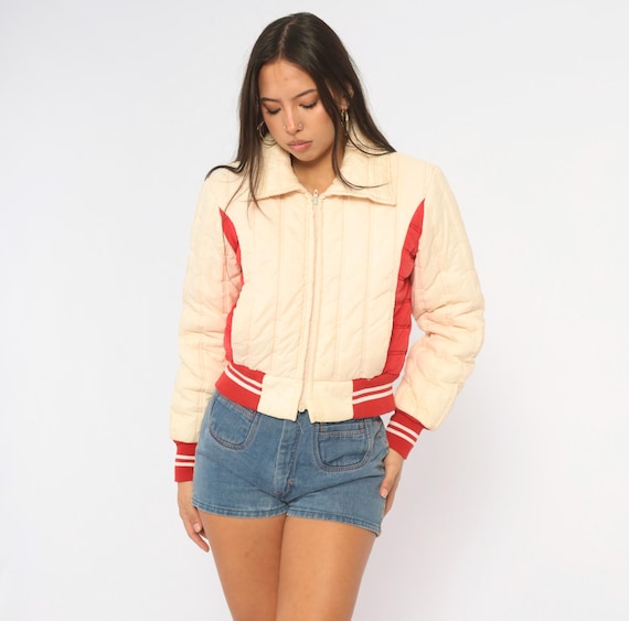 80s Cream Quilted Bomber Jacket Red Color Block Puffer Striped Pointed Collar Cropped Ski Varsity Coat Womens Vintage Extra Small XS