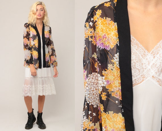 Sheer Jacket Floral Jacket 70s Boho Blouse Kimono Wrap Shirt Open Front Blouse 1970s Bohemian Hippie Vintage Black Yellow Small Medium Large