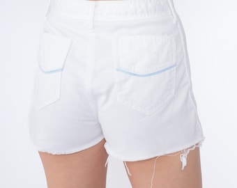 70er Weiße Shorts Denim Cutoffs Mid Rise Cutoff Shorts Blaue Zierleiste Retro Seventies Hotpants Sommer Ausgefranst Festival Vintage 1970s Small S 26