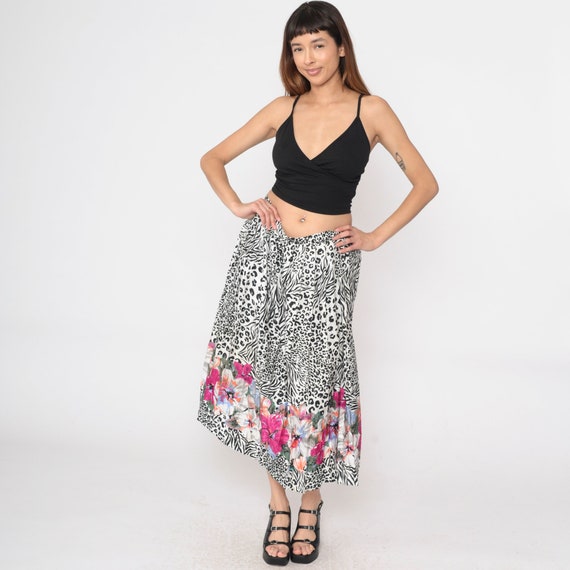 Leopard Print Floral Skirt 80s Tropical Pleated Midi High Waisted 1980s Embossed Black White Animal Print Zebra Retro Vintage Large 32