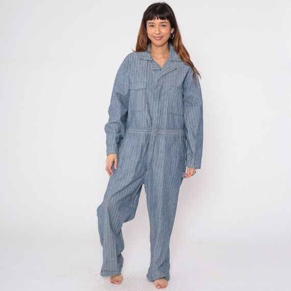 Striped denim jumpsuit sales