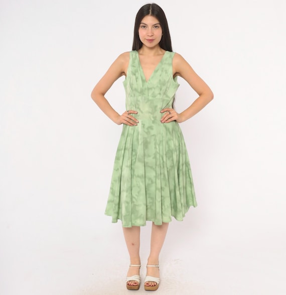 Sage Tie Dye Dress 80s Sleeveless V Neck Pleated Skirt Fit Flare Knee Length Mint Green Watercolor Print Summer Frock Vintage Large L