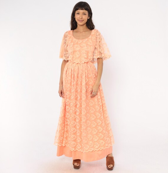 70s Peach Lace Maxi Dress Flutter Cape Sleeve Floral Overlay Hem Summer Spring Salmon Coral Romantic Prairie Gown Apricot Vintage Small S