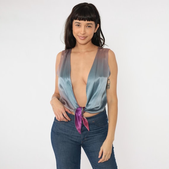 Vintage Plunge Neck Satin Blouse 70s Reversible Ombre Crop Top Tie Front Disco Shirt Purple Blue Gradient Summer Deep V Bohemian 1970s Small