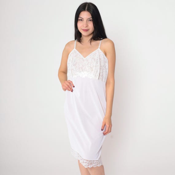 White Slip Dress 70s Sheer Lace Trim Lingerie Nightgown Midi Full Slip V Neck High Waist Spaghetti Strap Vintage 1970s Medium 38