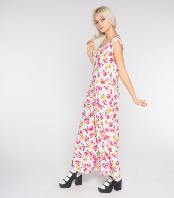 90s Floral Jumpsuit White Pink Wide Leg Boho Bagg… - image 5