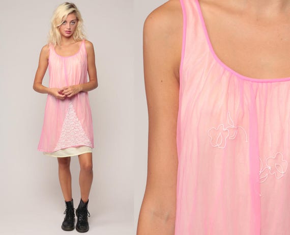 Pink Nightgown Lingerie Slip Dress 70s Babydoll Mini Lace Pastel Pink Nightie Tent Trapeze Filmy Nylon Boho 1970s Vintage Small Medium