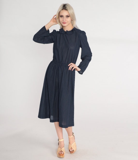 Striped Midi Dress 70s Navy Blue Blouson Dress Long Puff Sleeve Ruffle Collar High Elastic Waist Retro Secretary Vintage 1970s Small