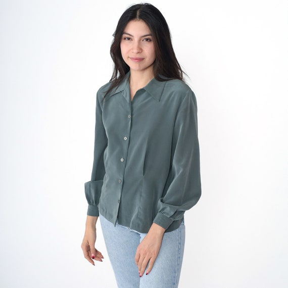 Grey Blouse 90s Button Up Top Long Sleeve Collared Shirt Retro Basic Preppy Plain Collar Simple Vintage 1990s Liz Claiborne Extra Small xs