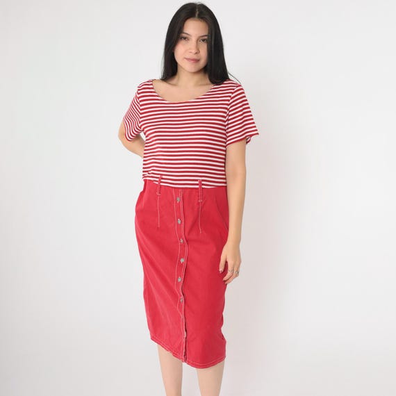 Vintage Red Striped Dress 90s Button Up Skirt Midi High Waist Short Sleeve Preppy Shift Dress 1990s Scoop Neck Medium