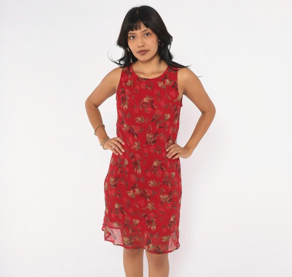 90s Red Floral Dress Sleeveless Knee Length Rose Print Scoop Neck Sheer Overlay Ruffle Hem Shift Sundress  Grunge Vintage Small S