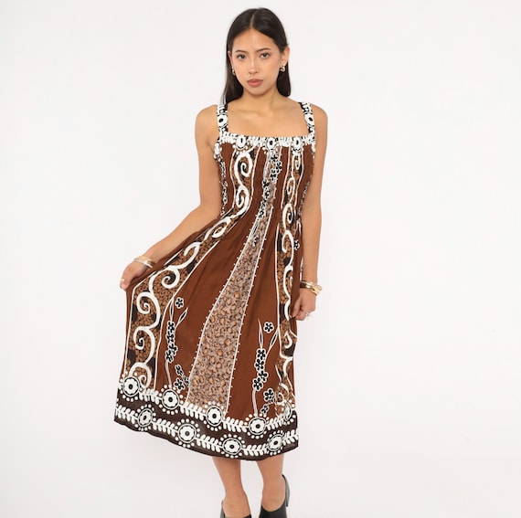 Batik Sundress 2000s Brown White Floral Sleeveless Square Neck Open Back Cutout Summer Tribal Cotton Beach Chocolate Small To Medium S M
