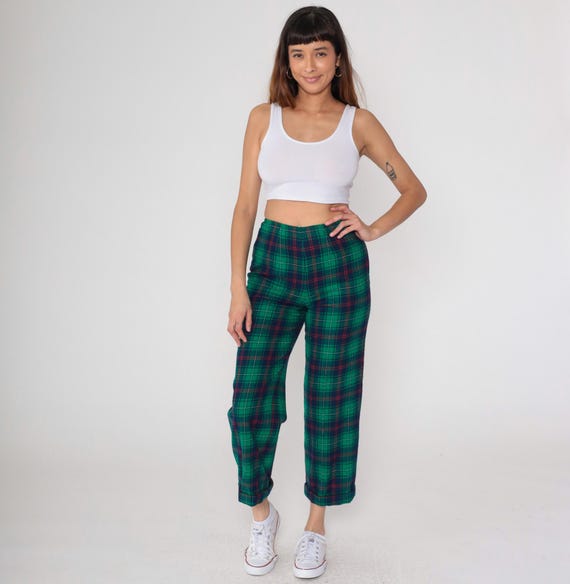 Pendleton Wool Pants 70s Green Tartan Plaid High Waist Trousers Scottish Preppy Vintage Dark Academia Classic Lined Winter Small S