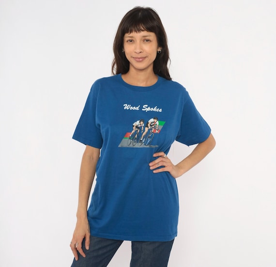 80s Cycling Graphic Tee Wood Spokes Bicycle Race Print Blue Crew Neck Short Sleeve Cotton Blend  Bike Cobalt Unisex Vintage Shirt Large L