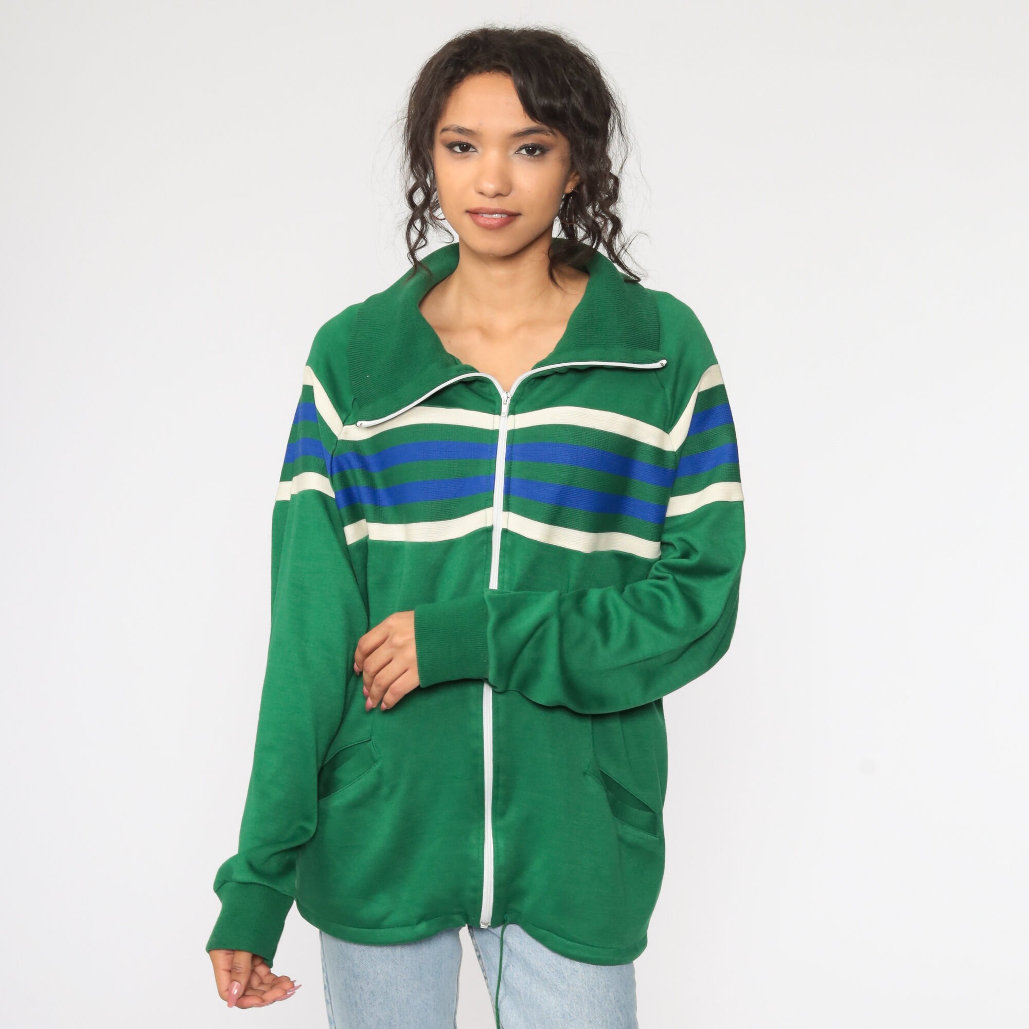 80s Retro Track Jacket Green Zip Up Sweatshirt 70s Zip Up Striped