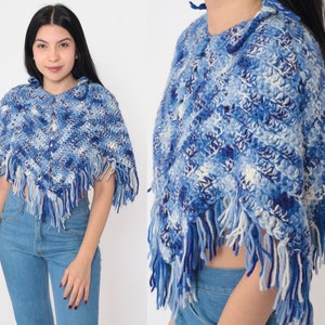 70s Fringe Poncho Blue White Hippie Shawl Cutout Cape Crop Top Crochet Afghan Cropped Poncho Bohemian Festival Cropped Boho Vintage 1970s XS