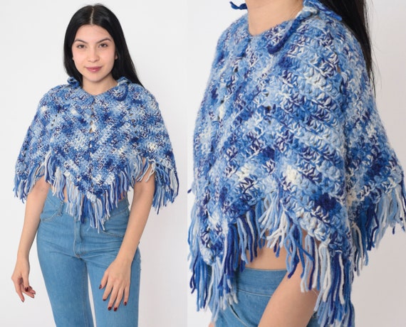70s Fringe Poncho Blue White Hippie Shawl Cutout Cape Crop Top Crochet Afghan Cropped Poncho Bohemian Festival Cropped Boho Vintage 1970s XS