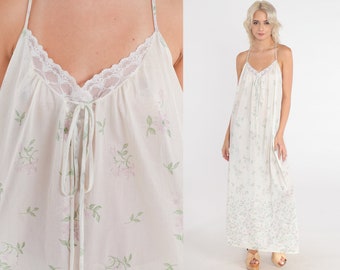 Floral Nightgown 70s Lingerie Slip Dress Semi-Sheer Off-White Lace Trim Maxi Lounge Dress Romantic Bohemian Vintage 1970s Extra Large L XL