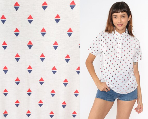Golf Polo Shirt 80s White Geometric Quarter Button Up Shirt Nautical Retro Collared 1980s Nerd Vintage Short Sleeve Medium