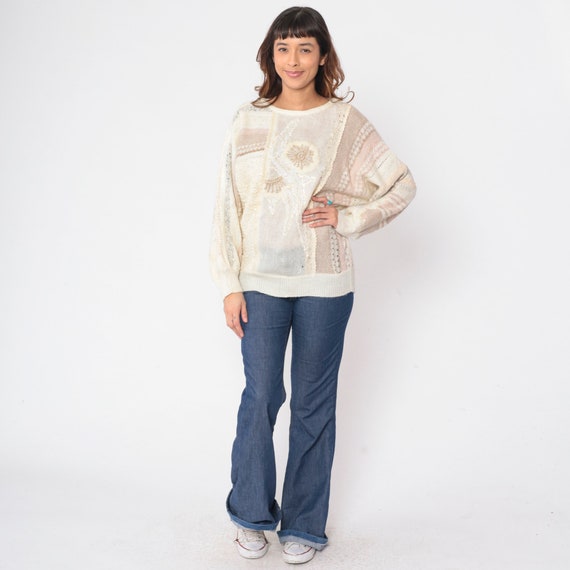 Beaded Floral Sweater 90s Mixed Media Pullover Kn… - image 3
