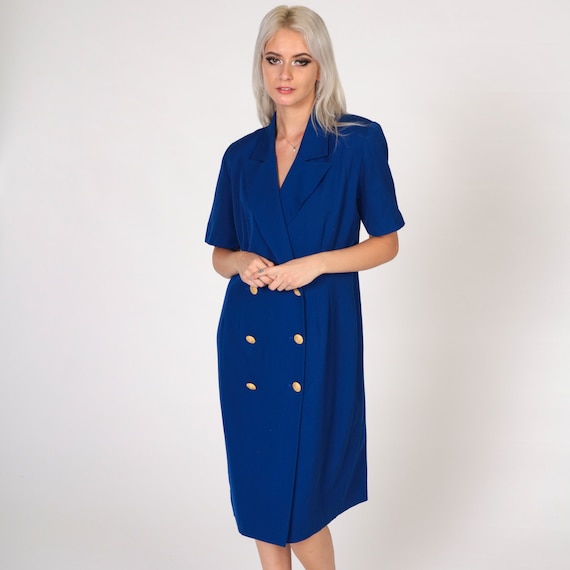 Royal Blue Button Up Dress 80s Midi Double Breasted Dress Secretary Short Sleeve 1980s Vintage Preppy Shift Collared Medium 10
