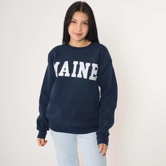 Vintage Maine Sweatshirt 90s Navy Blue Crewneck Sweater Spellout Graphic Shirt US State 1990s Jansport Medium Large