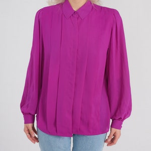 Fuchsia Blouse 80s Pink Hidden Button Up Top Pleated Formal Preppy Collared Shirt Long Puff Balloon Sleeve Simple Vintage 1980s Large 12 image 7