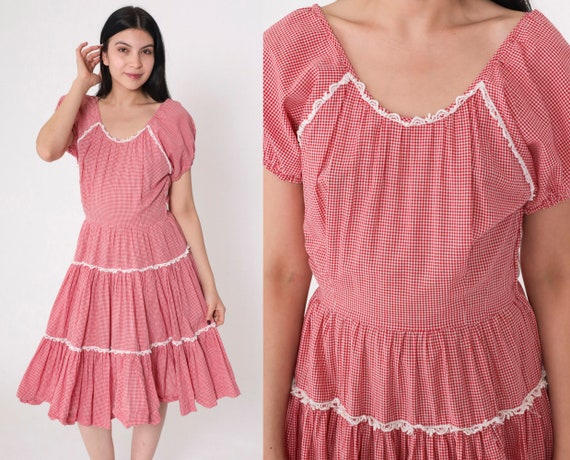 Gingham Prairie Dress 60s Red White Puff Sleeve Dress Tiered Full Skirt Country Square Dance Cottagecore High Waisted Vintage 1960s Small S