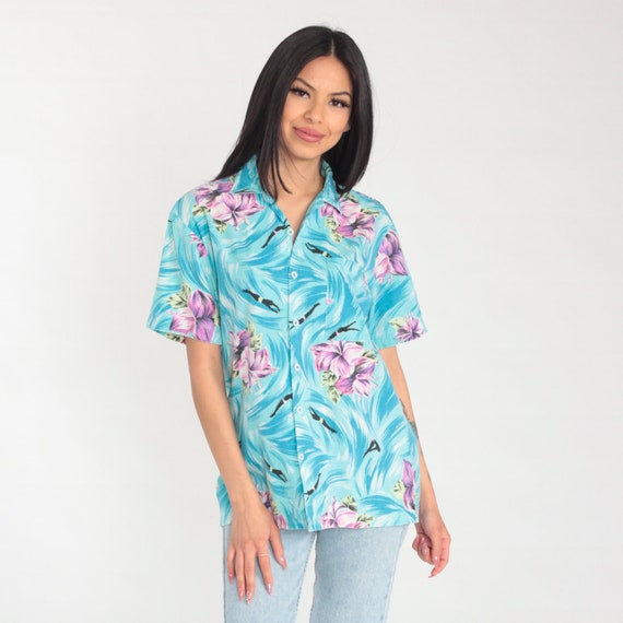 Swimming Shirt 90s Tropical Floral Button Up Shirt Blue Swimmer Hibiscus Flower Print Surfer Short Sleeve Vintage 1990s Cotton Mens Medium