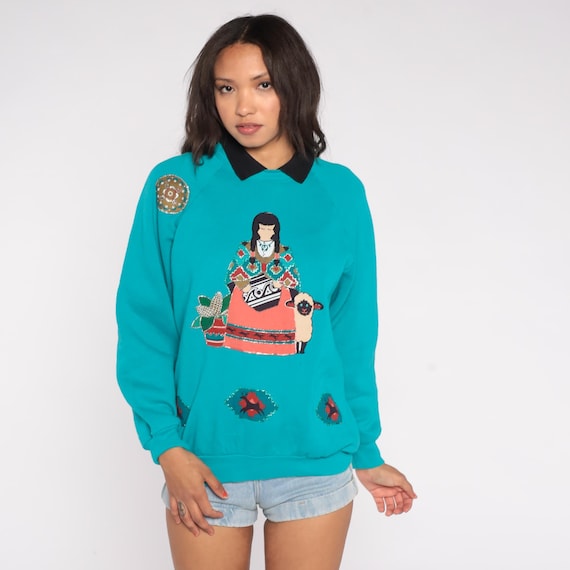 Southwestern Collared Sweatshirt 90s Turquoise Native American Folk Art Applique Pottery Sheep Corn Black Collar USA Made Vintage Large L