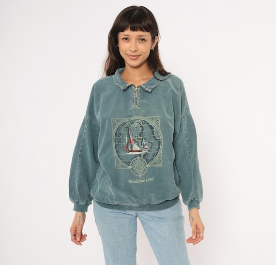 Mendocino Coast Sailboat Sweatshirt 90s Collared Nautical Embroidered Globe Compass Grey Blue Washed Slate Vintage Boxy Fit Top Medium M