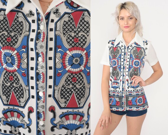 70s Floral Shirt Button Up Shirt Bohemian Dagger Collar Shirt Mod Boho Blouse 1970s Hippie Top Geometric Short Sleeve Vintage White Small S