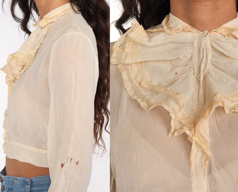 Antique Blouse Cream Chiffon Blouse 40s TUXEDO RUFFLE Crop Top Button Up 1940s Victorian Blouse Delicate Dreamy Vintage Shirt Extra Small xs image 4