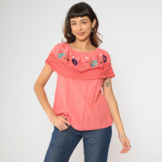 Coral Mexican Peasant Blouse 80s Floral Embroidered Top Hippie Boho Off Shoulder Pink Gauze Tunic Bohemian Vintage Shirt Small Medium
