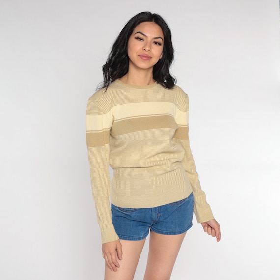 Tan Striped Sweater 80s Pullover Knit Sweater Ret… - image 2