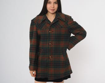 70s Pendleton Wool Coat Brown Green Red Plaid Button Front Wide Collar Long Sleeve Lined Jacket Winter Outerwear Medium M