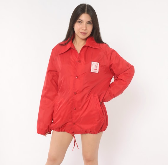 Distressed 80s Red Coach Jacket Sportsmaster Snap Front Windbreaker Pointed Collar Athletic Streetwear Grunge Nerdy Vintage Unisex Medium M