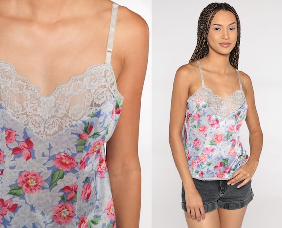 Floral Cami Top Lace Trim Camisole Lingerie Shirt 90s Sexy Sleep