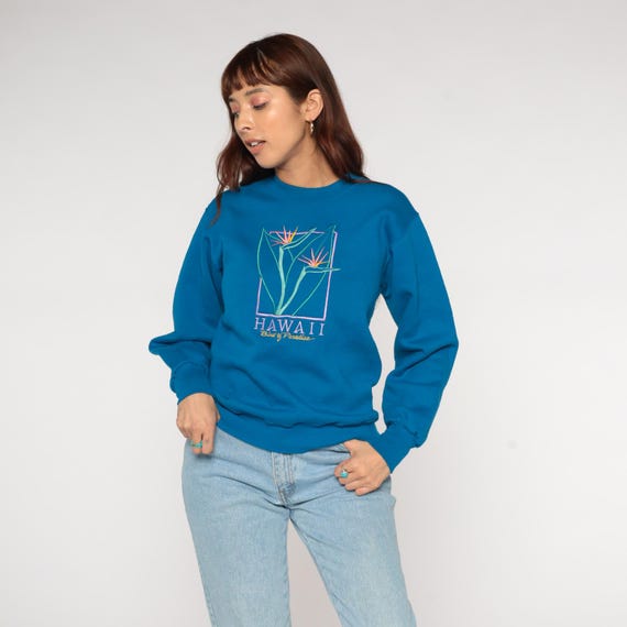 Bird Of Paradise Sweatshirt 90s Hawaii Blue Embroidered Crazy Shirt Tropical Floral Graphic Crewneck Souvenir Memorabilia Pullover Small S
