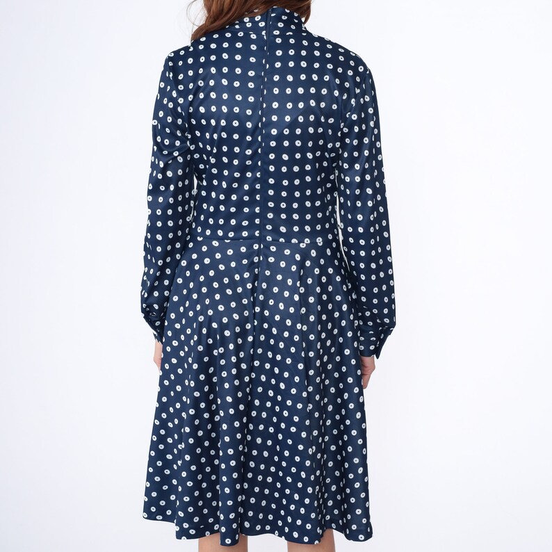 70s Midi Dress Polka Dot Dress V Neck Dress 1970s Boho Navy Blue High Waisted Retro Vintage Long Sleeve Flared Polyester Bohemian Medium 10 image 6