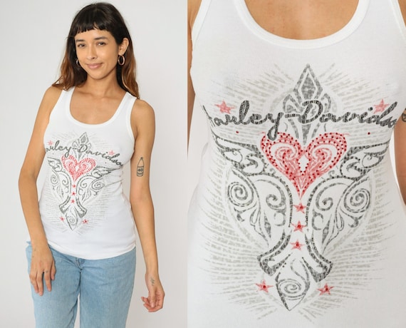 Harley Davidson Tank Top White Rhinestone Heart Cross Biker Shirt