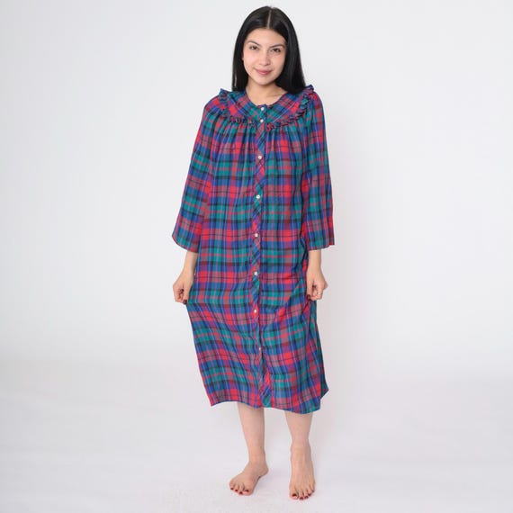 Vintage 80s Plaid Nightgown Thin Red Blue Green Button Up Ruffle Yoke Long Sleeve Lightweight Sleepwear Midi Nightie Large L